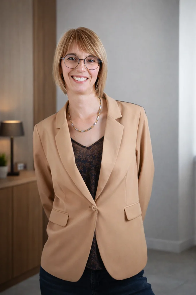 Portrait femme professionnelle veste beige — séance portrait corporate Toulon